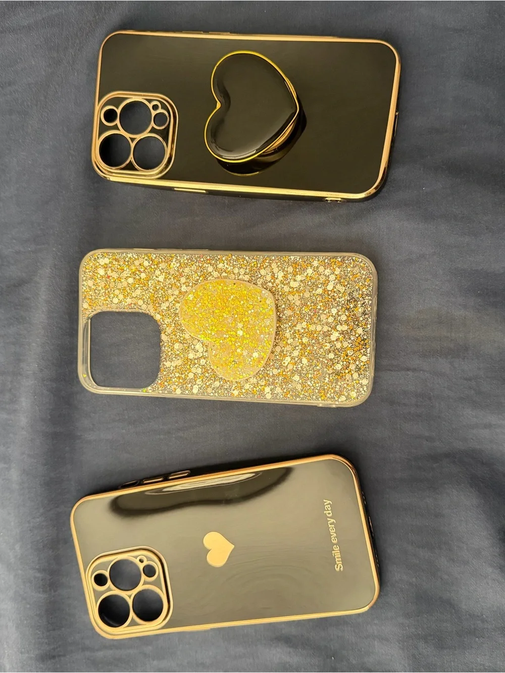 Gold Glitter Heart Phone Case with Ring Grip - Compatible Cell Phone Accessory
